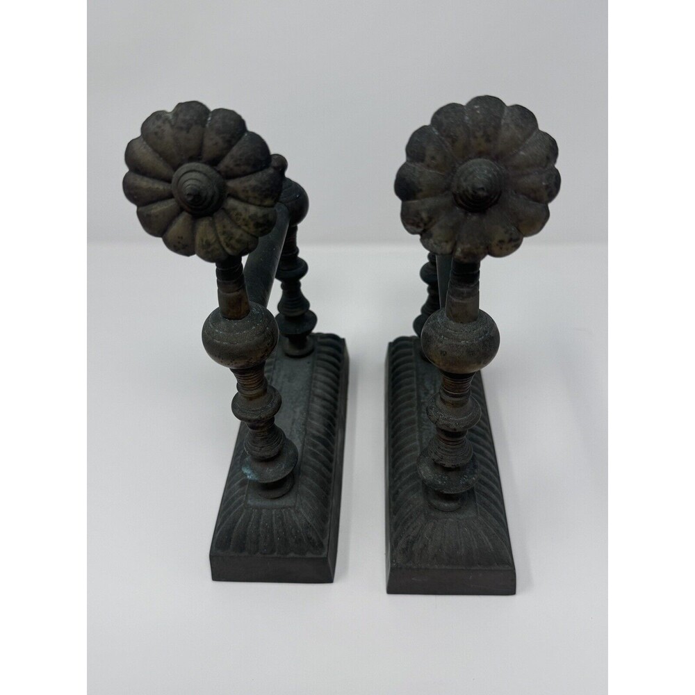 Antique Brass Fireplace Tool Rests (2) Decorative Hearth Flower Patina India